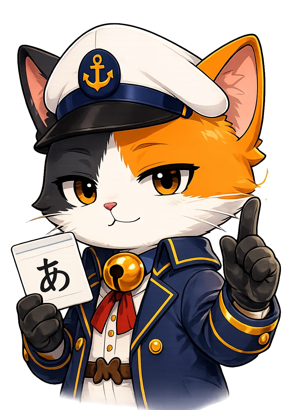 手持 JLPT 证书壳的 MOJi 船长猫